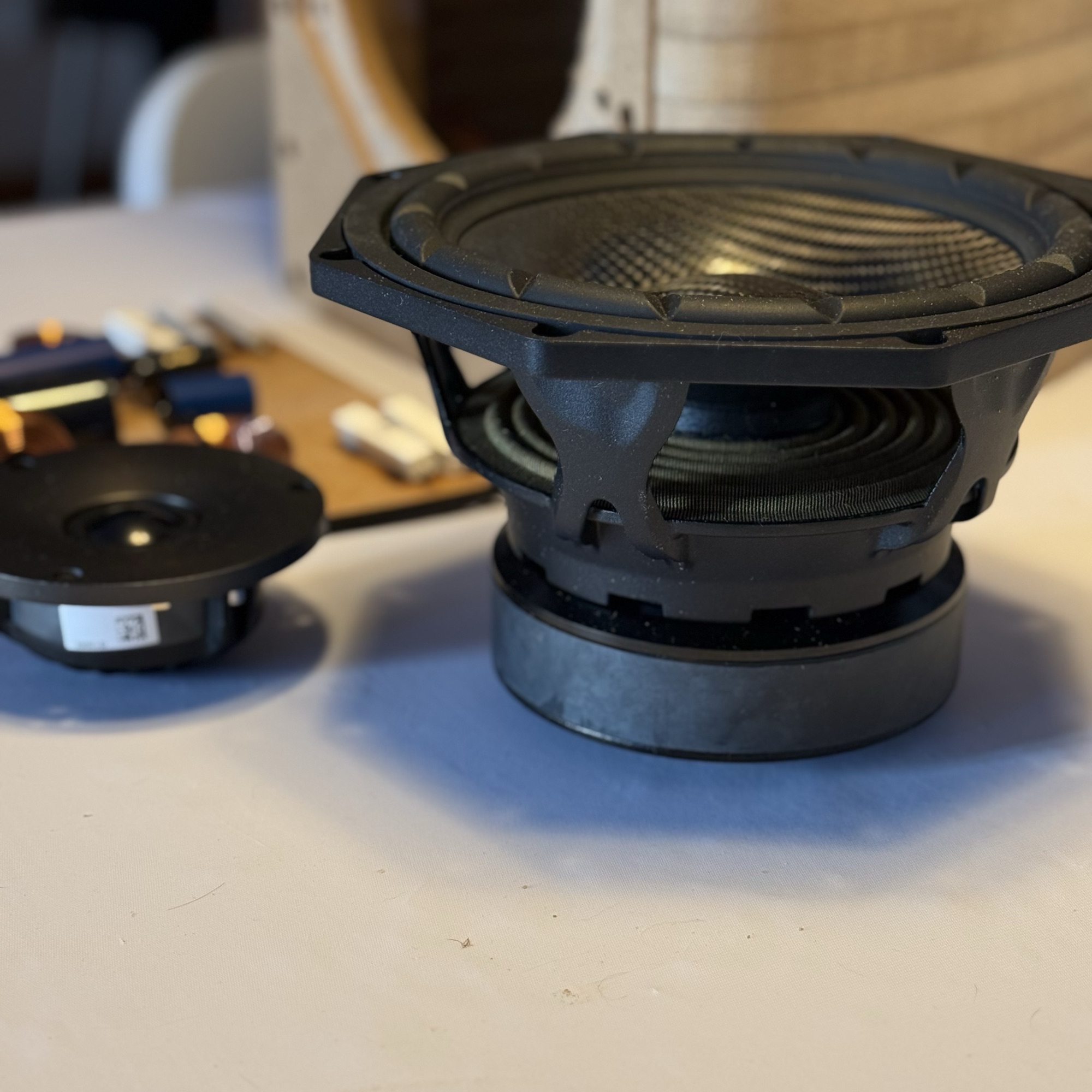 Detalle del woofer: chasis octogonal y cono de fibra de carbono.